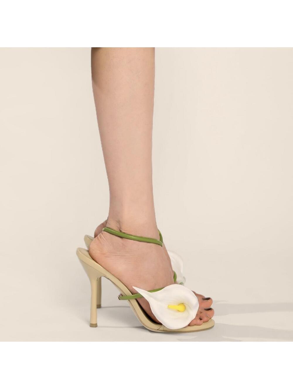 2/$99 ✨Cult Gaia Inspired Calla Lily Nude Stiletto Sandals 6 Green Ankle Strap - Picture 2 of 8